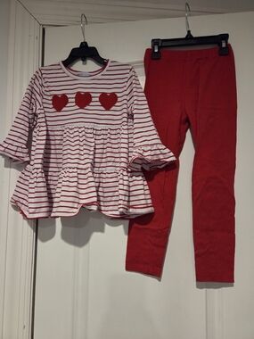 Girls Red & White Heart Stripe Top with Red Leggings - Classic Whimsy